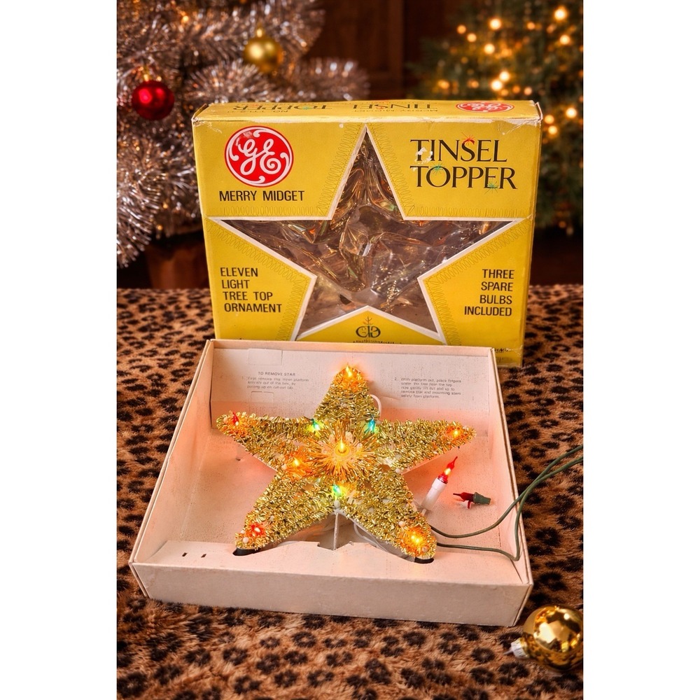 GE Merry Midget Tinsel Topper Star Lighted Tree Top Ornament Box Works Vintage